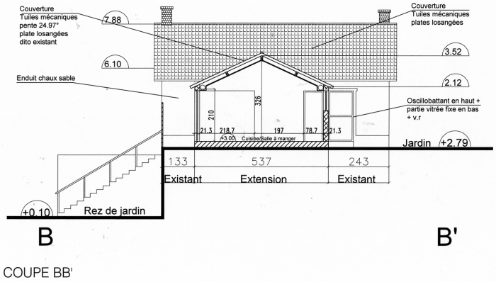 Rénovation, extension d'une maison et construction d'un garage ( projet en cours ) : Coupe projet 